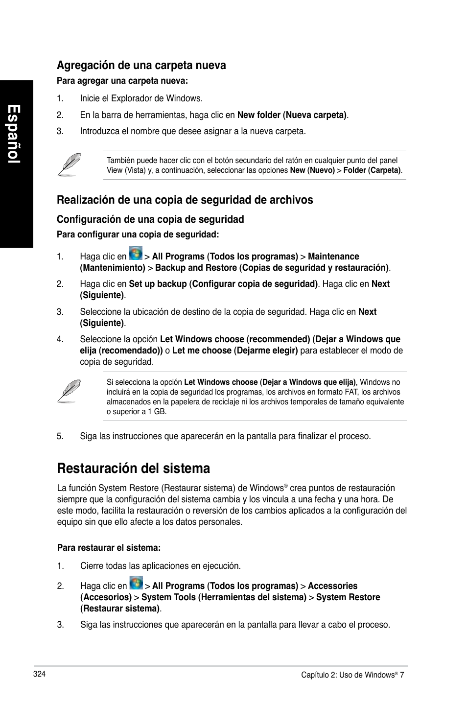 Restauración del sistema, Es pa ño l es pa ño l | Asus BP6335 User Manual | Page 326 / 510