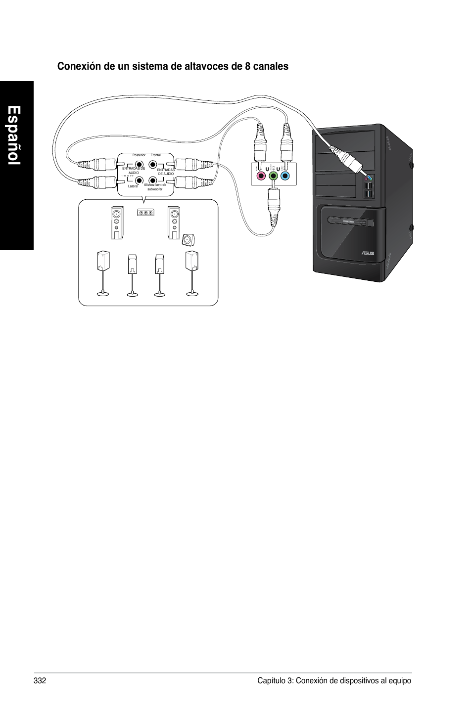 Es pa ño l es pa ño l, Conexión de un sistema de altavoces de 8 canales | Asus BP6335 User Manual | Page 334 / 510