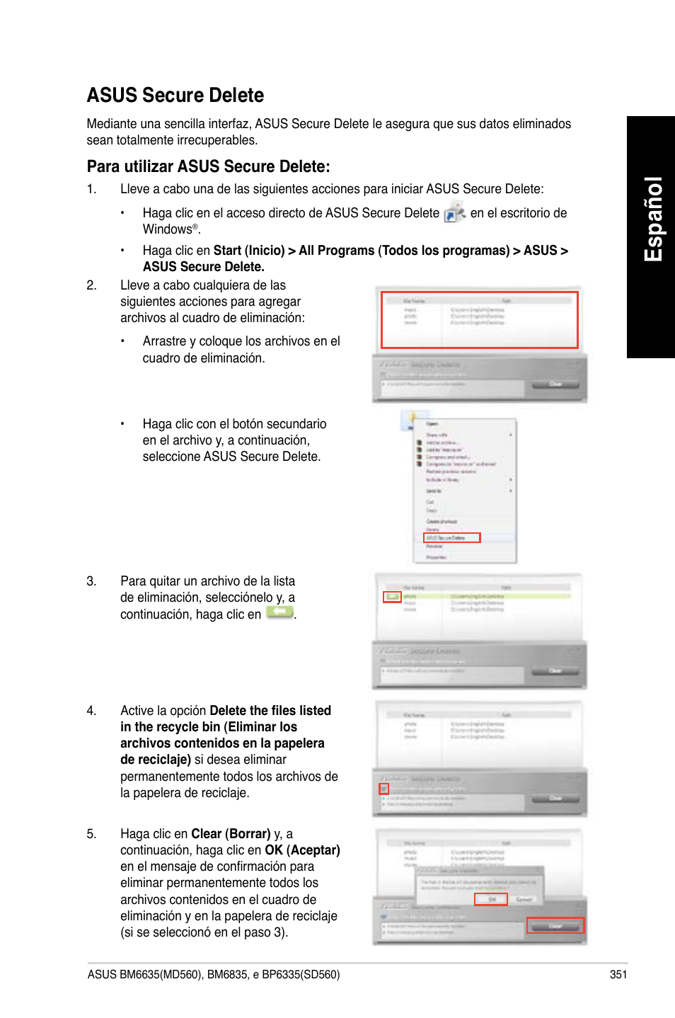 Asus secure delete, Es pa ño l es pa ño l | Asus BP6335 User Manual | Page 353 / 510