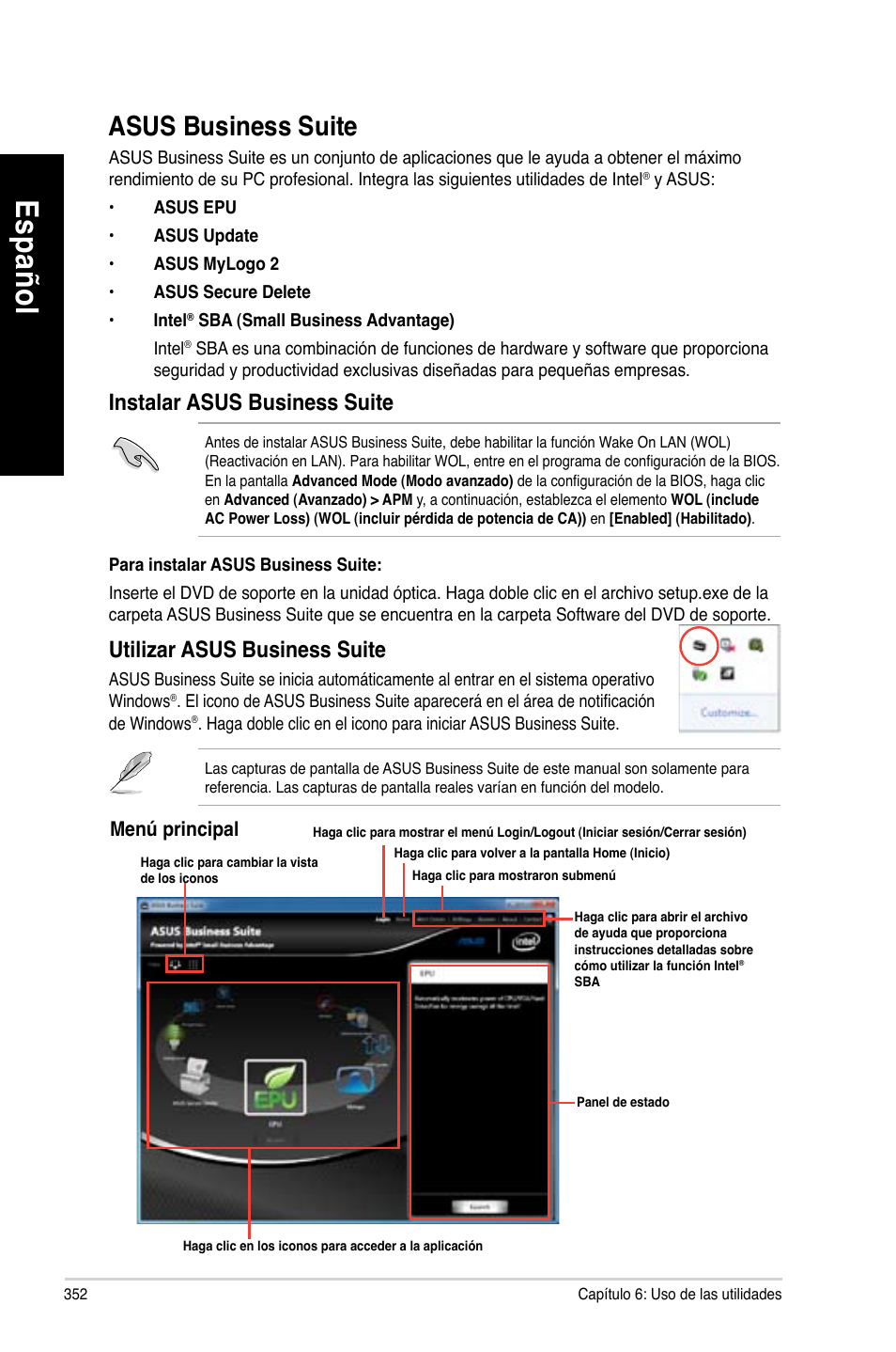 Asus business suite, Es pa ño l es pa ño l, Instalar asus business suite | Utili�ar asus business suite | Asus BP6335 User Manual | Page 354 / 510