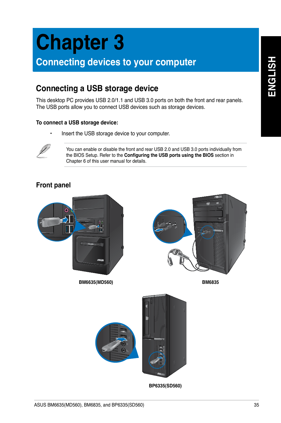 Chapter 3, Connecting devices to your computer, Connecting a usb storage device | Chapter.3, Connecting.devices.to.your.computer, En gl is h en gl is h | Asus BP6335 User Manual | Page 37 / 510