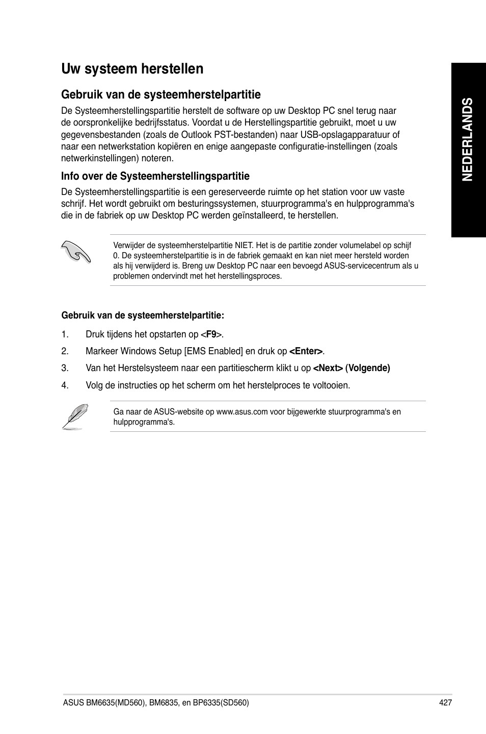 Uw systeem herstellen, Nederlands, Gebruik van de systeemherstelpartitie | Asus BP6335 User Manual | Page 429 / 510