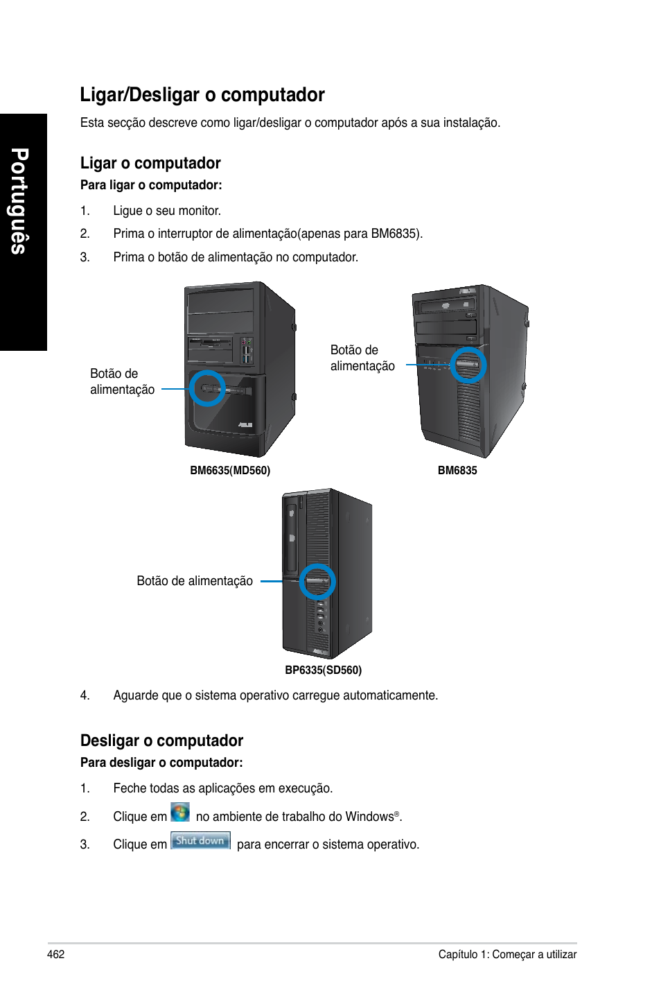 Ligar/desligar o computador, Po rtu gu ês po rtu gu ês | Asus BP6335 User Manual | Page 464 / 510