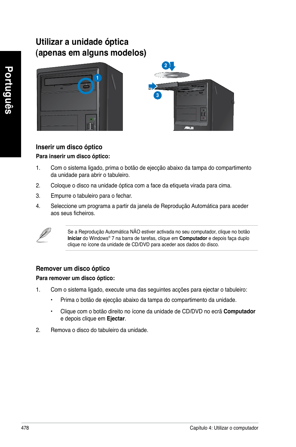 Utilizar a unidade óptica | Asus BP6335 User Manual | Page 480 / 510