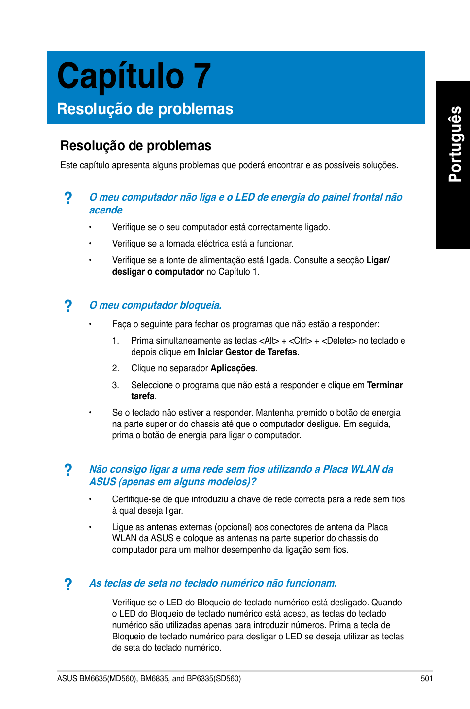 Capítulo 7, Resolução de problemas, Po rtu gu ês po rtu gu ês | Asus BP6335 User Manual | Page 503 / 510