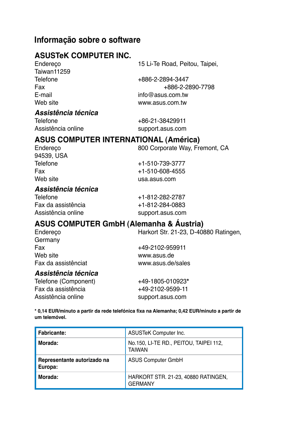 Informação sobre o software, Asustek computer inc, Asus computer international (américa) | Asus computer gmbh (alemanha & áustria) | Asus BP6335 User Manual | Page 510 / 510