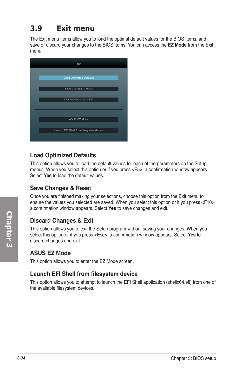 9 exit menu, 9 exit menu -34, Chapter 3 3.9 exit menu | Load optimized defaults, Save changes & reset, Discard changes & exit, Asus ez mode, Launch efi shell from filesystem device | Asus P8Z77-V LE PLUS User Manual | Page 100 / 174