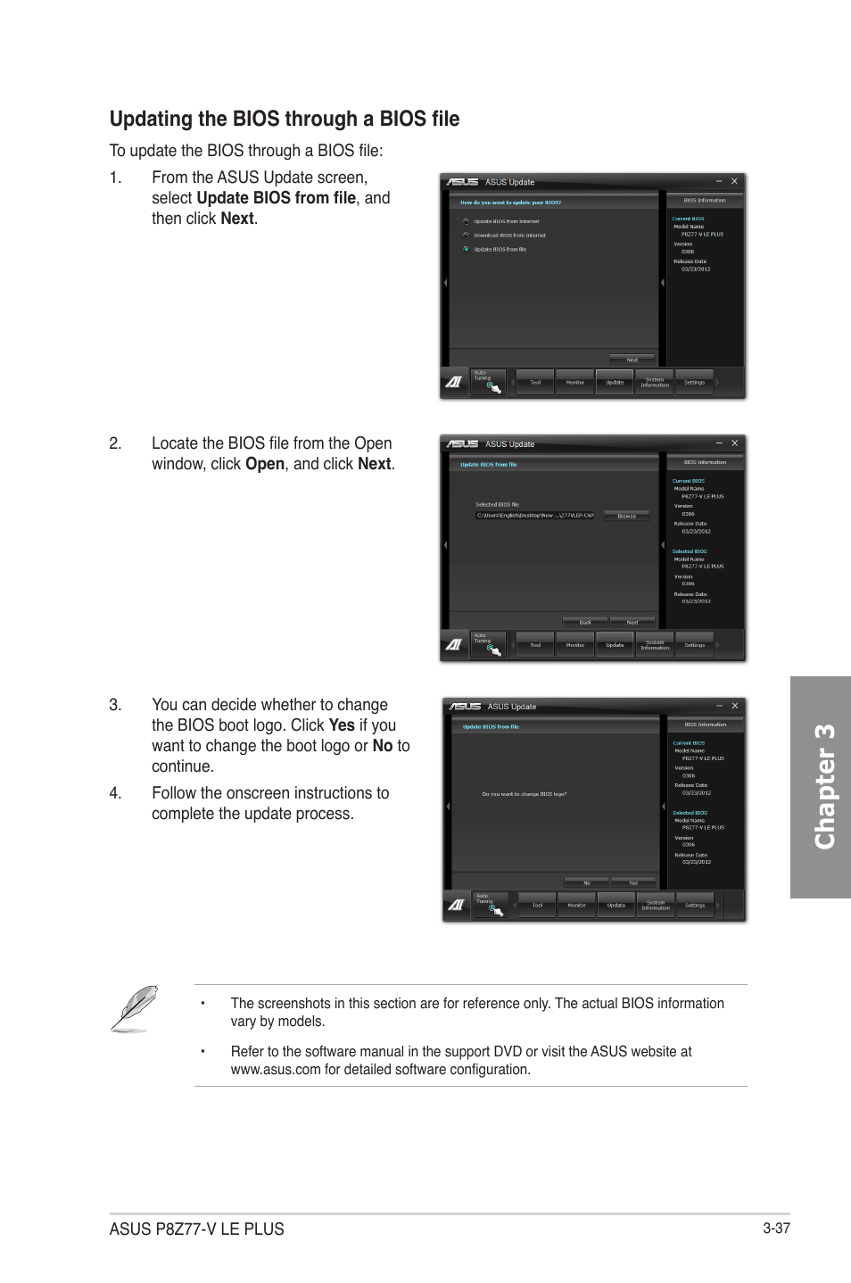 Chapter 3, Updating the bios through a bios file | Asus P8Z77-V LE PLUS User Manual | Page 103 / 174