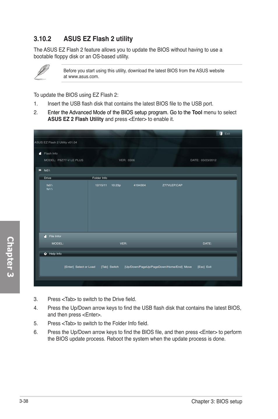 2 asus ez flash 2 utility, 2 asus ez flash 2 utility -38, Chapter 3 | Chapter 3: bios setup | Asus P8Z77-V LE PLUS User Manual | Page 104 / 174