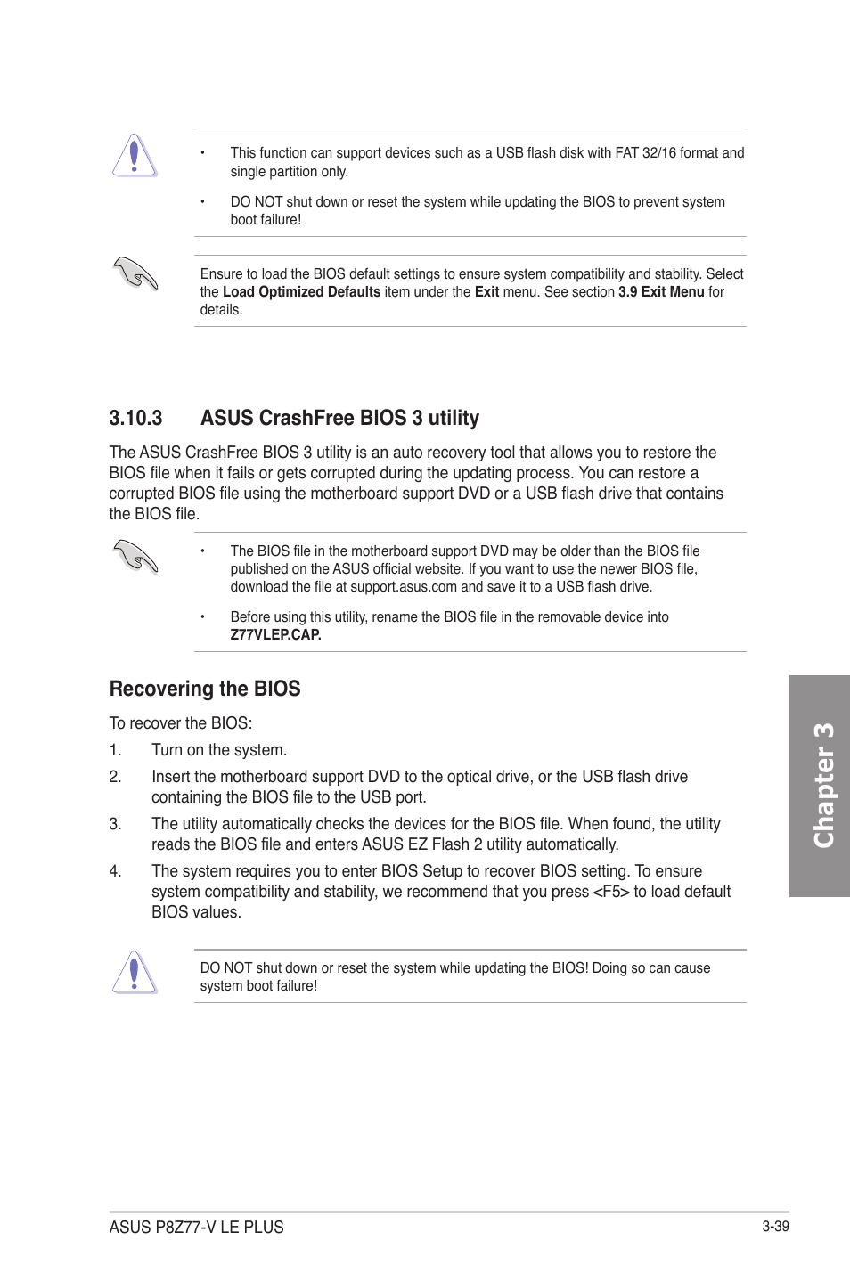 3 asus crashfree bios 3 utility, 3 asus crashfree bios 3 utility -39, Chapter 3 | Recovering the bios | Asus P8Z77-V LE PLUS User Manual | Page 105 / 174