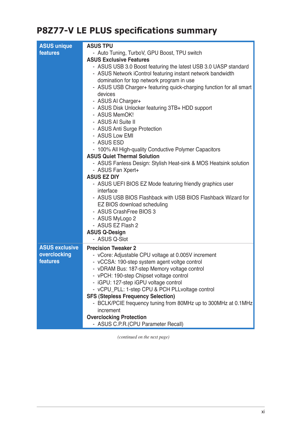 P8z77-v le plus specifications summary | Asus P8Z77-V LE PLUS User Manual | Page 11 / 174