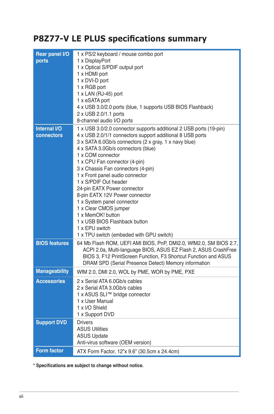 P8z77-v le plus specifications summary | Asus P8Z77-V LE PLUS User Manual | Page 12 / 174