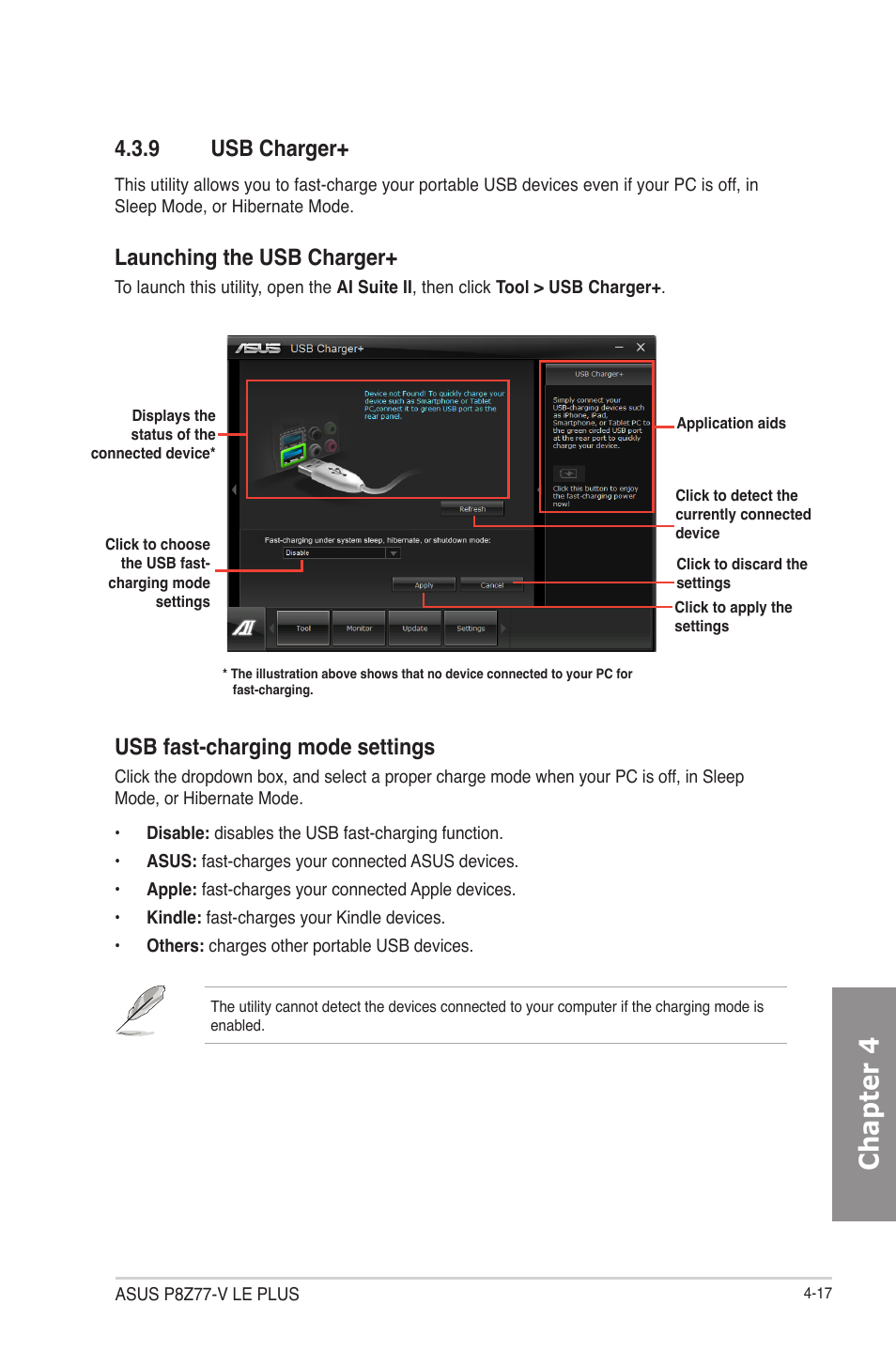 9 usb charger, Usb charger+ -17, Chapter 4 | Launching the usb charger, Usb fast-charging mode settings | Asus P8Z77-V LE PLUS User Manual | Page 125 / 174