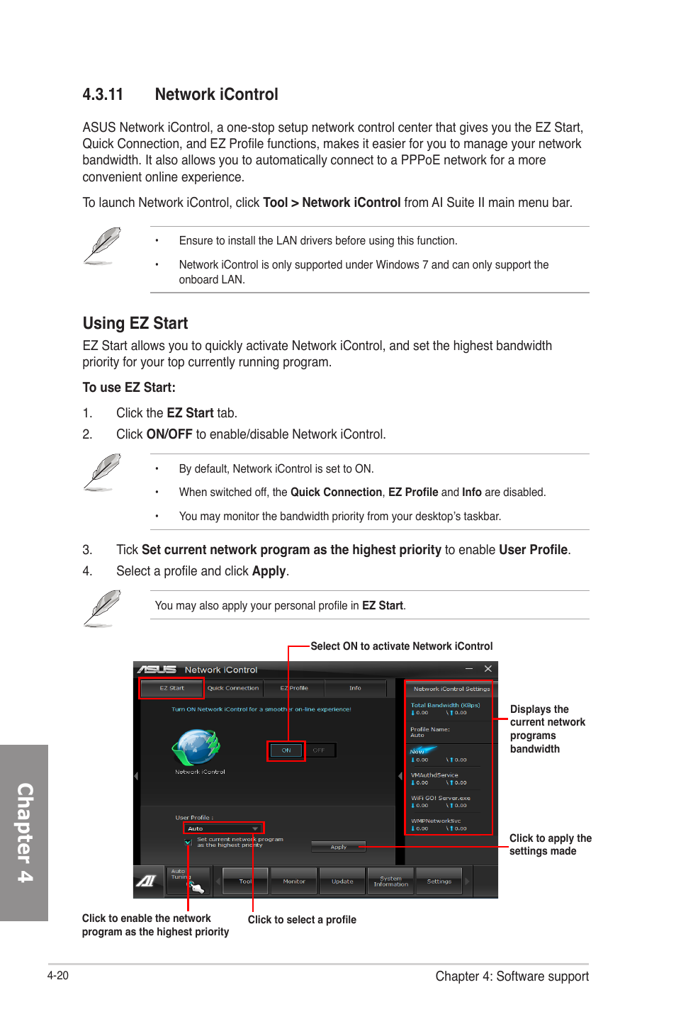 11 network icontrol, 11 network icontrol -20, Chapter 4 | Using ez start | Asus P8Z77-V LE PLUS User Manual | Page 128 / 174