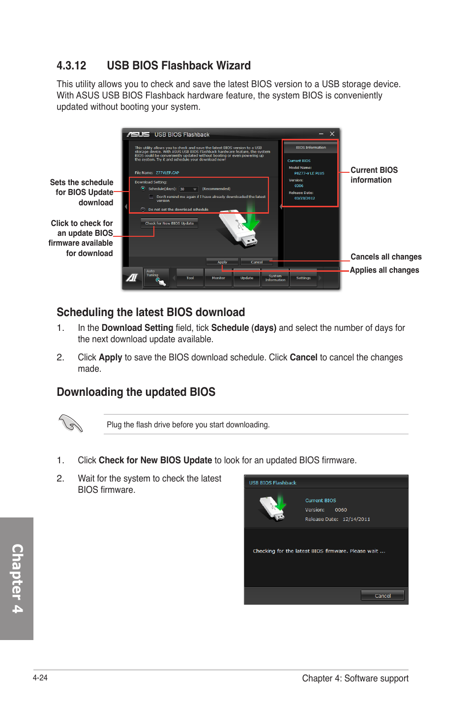 12 usb bios flashback wizard, 12 usb bios flashback wizard -24, Chapter 4 | Scheduling the latest bios download, Downloading the updated bios | Asus P8Z77-V LE PLUS User Manual | Page 132 / 174