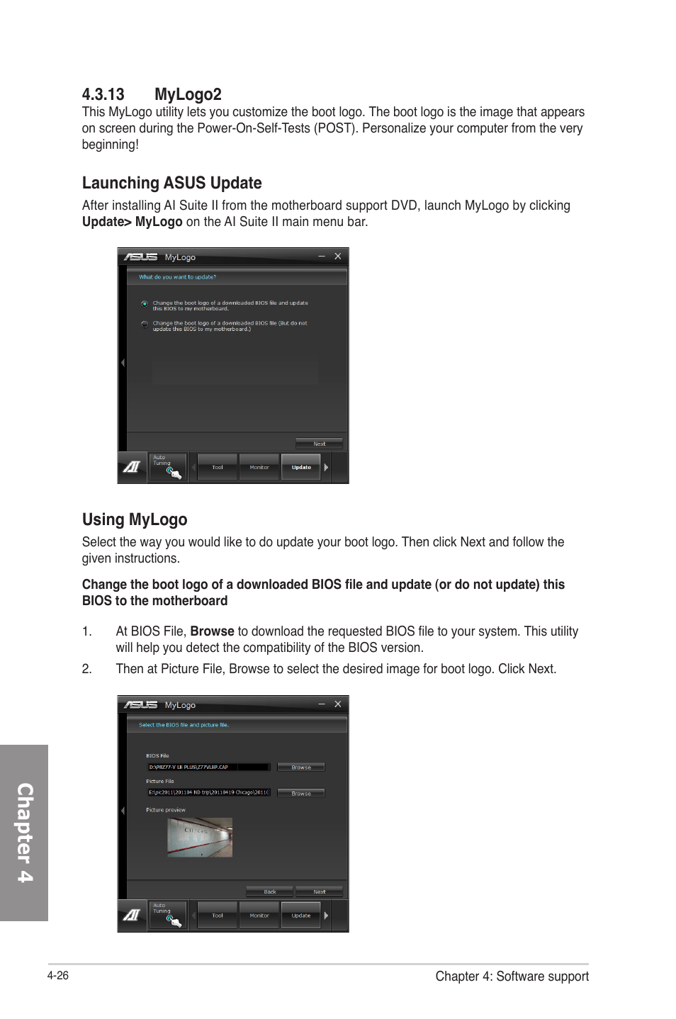 13 mylogo2, 13 mylogo2 -26, Chapter 4 | Launching asus update, Using mylogo | Asus P8Z77-V LE PLUS User Manual | Page 134 / 174