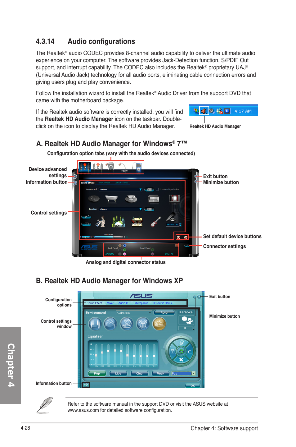 14 audio configurations, 14 audio configurations -28, Chapter 4 | B. realtek hd audio manager for windows xp, A. realtek hd audio manager for windows | Asus P8Z77-V LE PLUS User Manual | Page 136 / 174