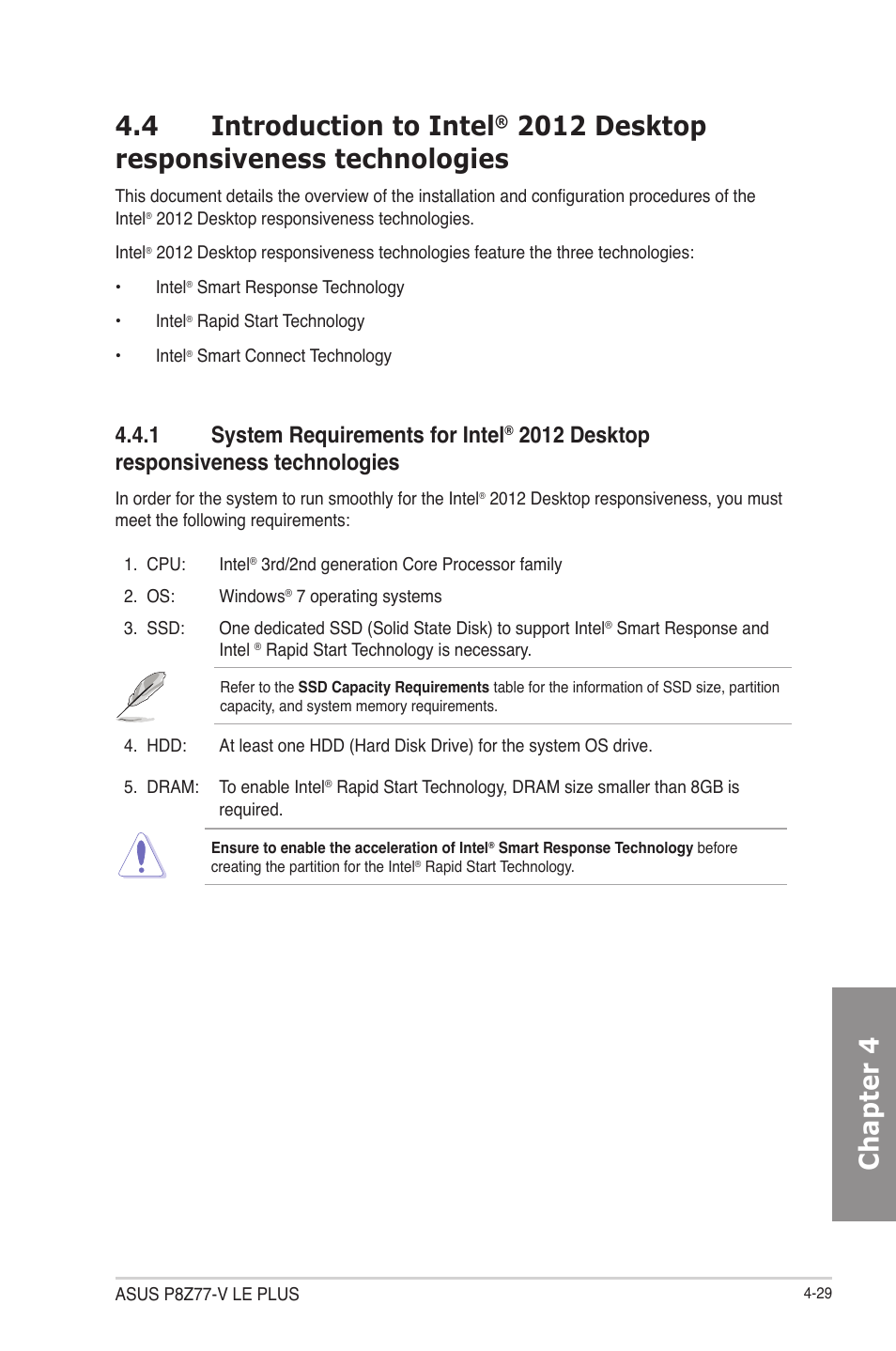 4 introduction to intel, 2012 desktop responsiveness technologies -29, System requirements for intel | 2012 desktop responsiveness, Technologies -29, Chapter 4 4.4 introduction to intel, 2012 desktop responsiveness technologies, 1 system requirements for intel | Asus P8Z77-V LE PLUS User Manual | Page 137 / 174