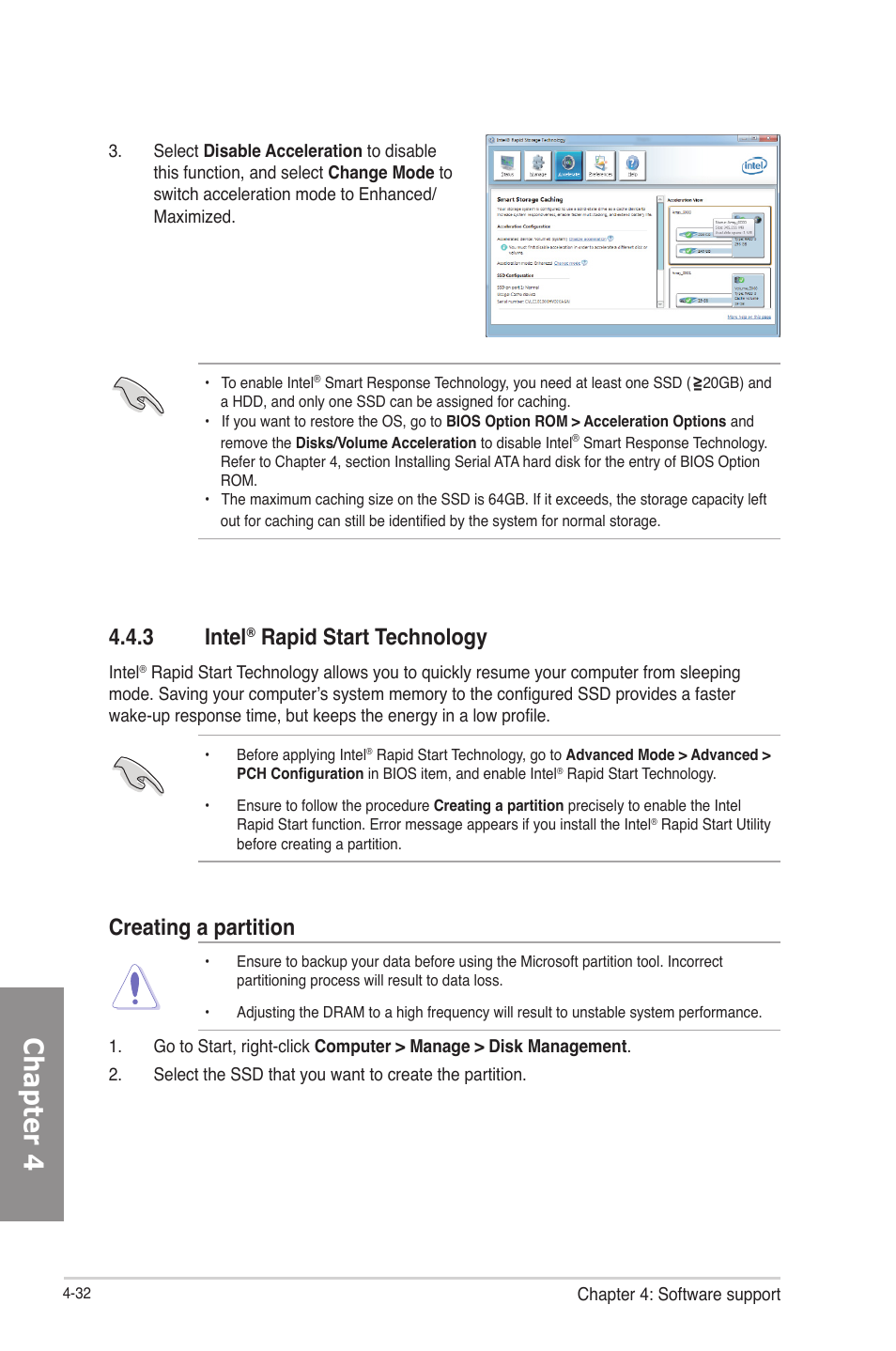 3 intel® rapid start technology, Intel, Rapid start technology -32 | Chapter 4, 3 intel, Rapid start technology, Creating a partition | Asus P8Z77-V LE PLUS User Manual | Page 140 / 174