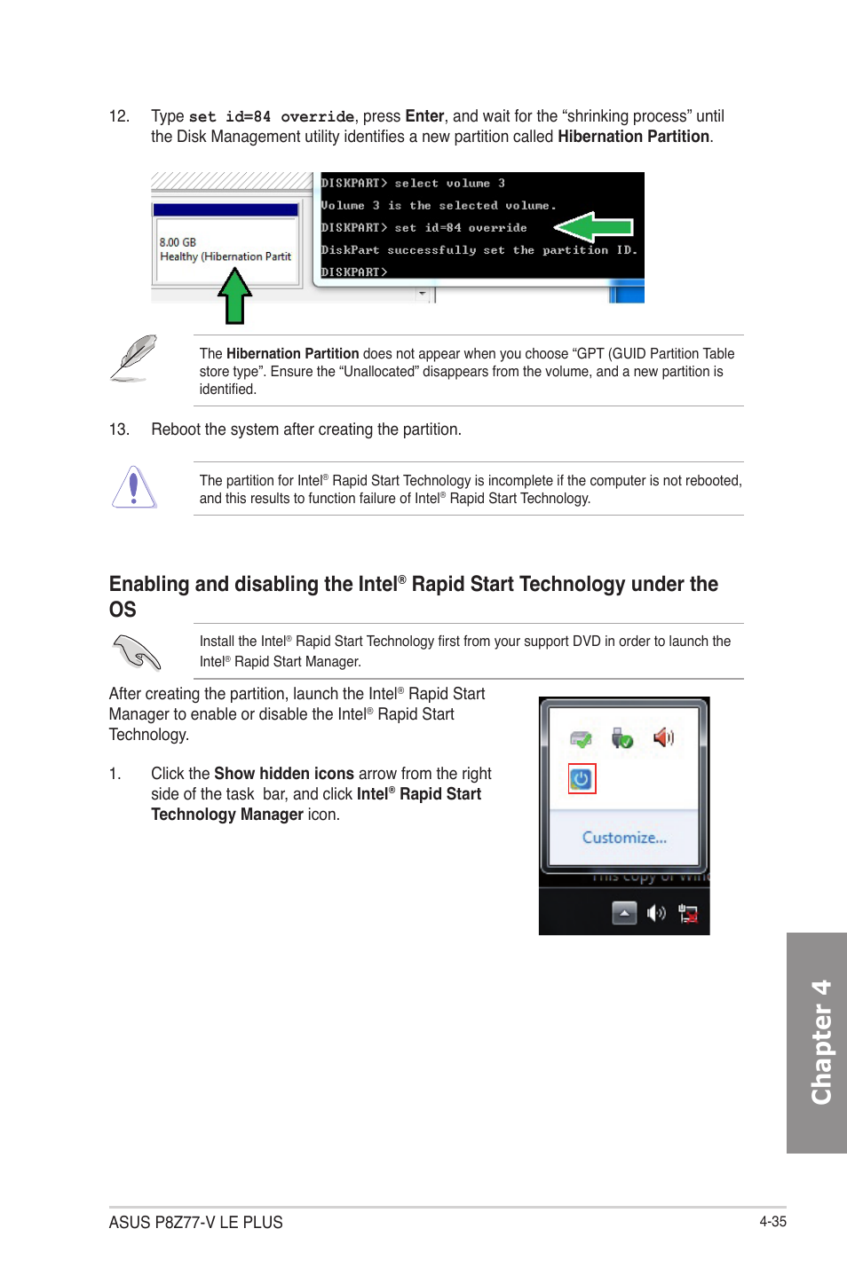 Chapter 4, Enabling and disabling the intel, Rapid start technology under the os | Asus P8Z77-V LE PLUS User Manual | Page 143 / 174