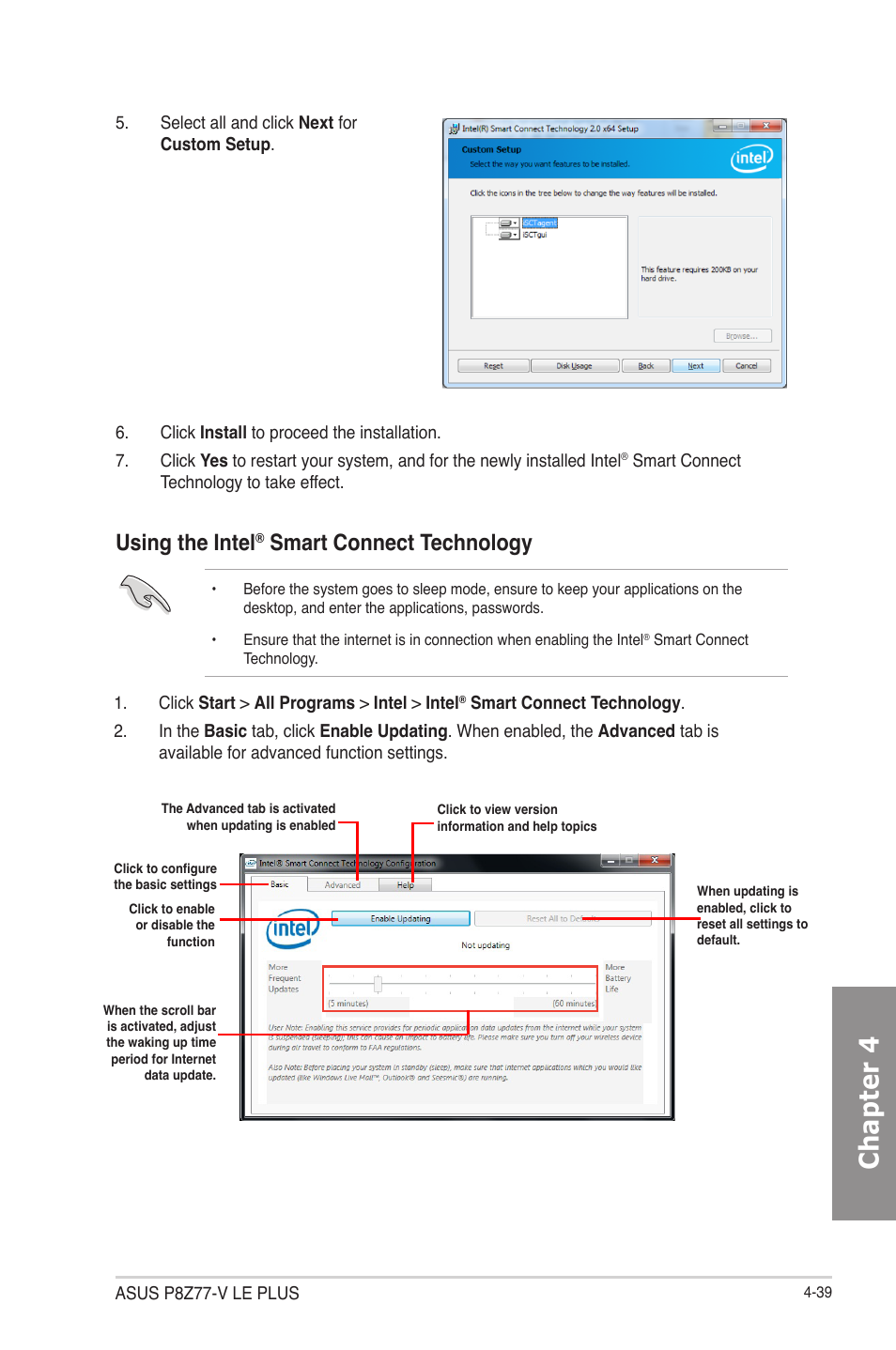 Chapter 4, Using the intel, Smart connect technology | Asus P8Z77-V LE PLUS User Manual | Page 147 / 174