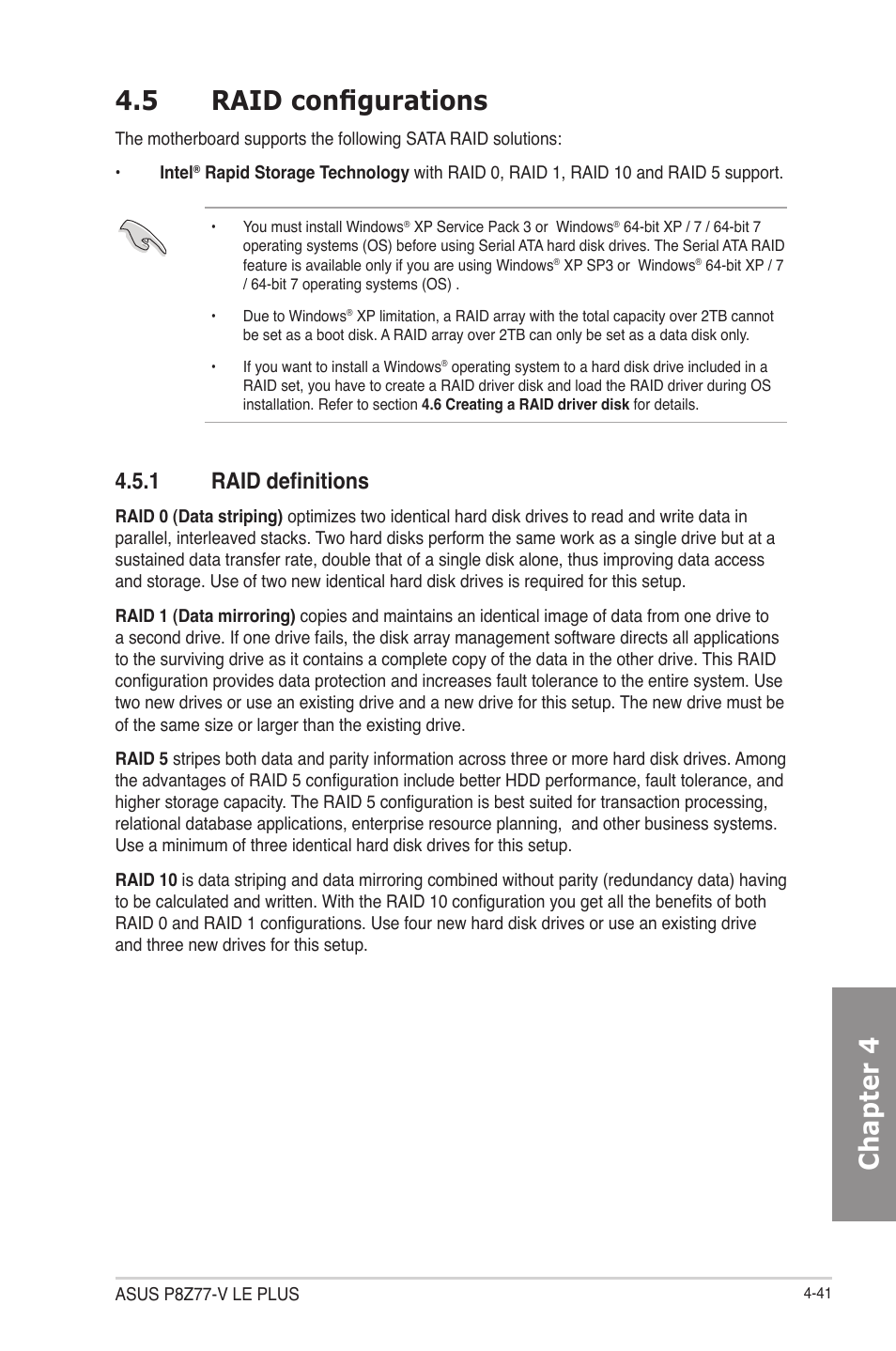 5 raid configurations, 1 raid definitions, 5 raid configurations -41 | Raid definitions -41, Chapter 4 4.5 raid configurations | Asus P8Z77-V LE PLUS User Manual | Page 149 / 174