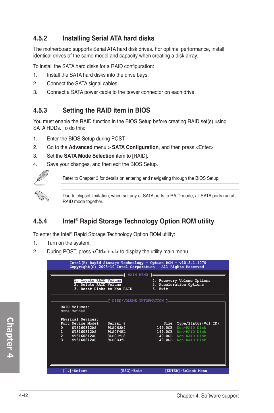 2 installing serial ata hard disks, 3 setting the raid item in bios, Installing serial ata hard disks -42 | Setting the raid item in bios -42, Intel, Rapid storage technology option rom utility -42, Chapter 4, 4 intel, Rapid storage technology option rom utility | Asus P8Z77-V LE PLUS User Manual | Page 150 / 174