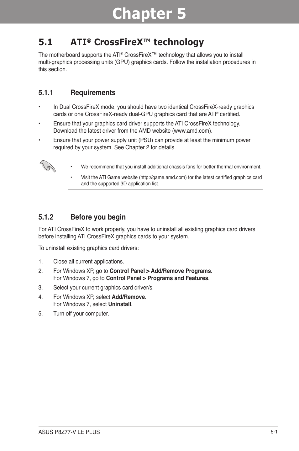 Chapter 5: multiple gpu technology support, 1 ati® crossfirex™ technology, 1 requirements | 2 before you begin, Chapter 5, Multiple gpu technology support, 1 ati, Crossfirex™ technology -1, Requirements -1, Before you begin -1 | Asus P8Z77-V LE PLUS User Manual | Page 159 / 174