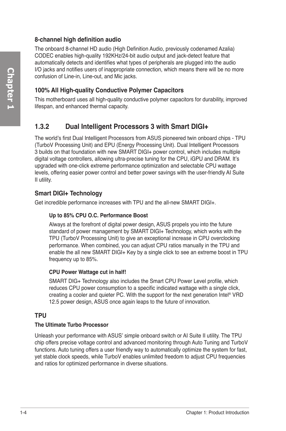 2 dual intelligent processors 3 with smart digi, Dual intelligent processors 3 with smart digi+ -4, Chapter 1 | Asus P8Z77-V LE PLUS User Manual | Page 16 / 174