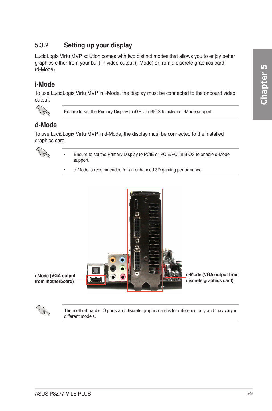 2 setting up your display, Setting up your display -9, Chapter 5 | I-mode, D-mode | Asus P8Z77-V LE PLUS User Manual | Page 167 / 174