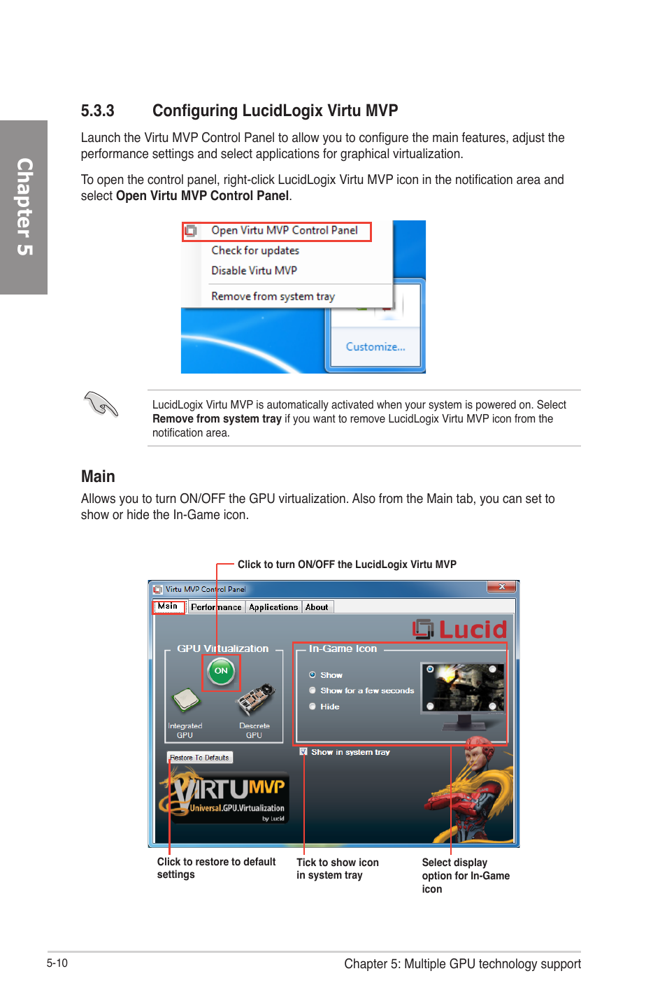 3 configuring lucidlogix virtu mvp, Configuring lucidlogix virtu mvp -10, Chapter 5 | Main | Asus P8Z77-V LE PLUS User Manual | Page 168 / 174