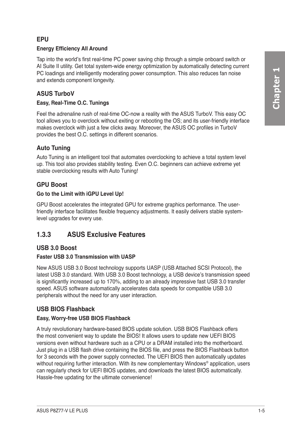 3 asus exclusive features, Asus exclusive features -5, Chapter 1 | Asus P8Z77-V LE PLUS User Manual | Page 17 / 174