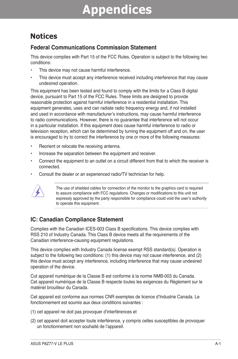 Appendices, Notices, Federal communications commission statement | Ic: canadian compliance statement | Asus P8Z77-V LE PLUS User Manual | Page 171 / 174