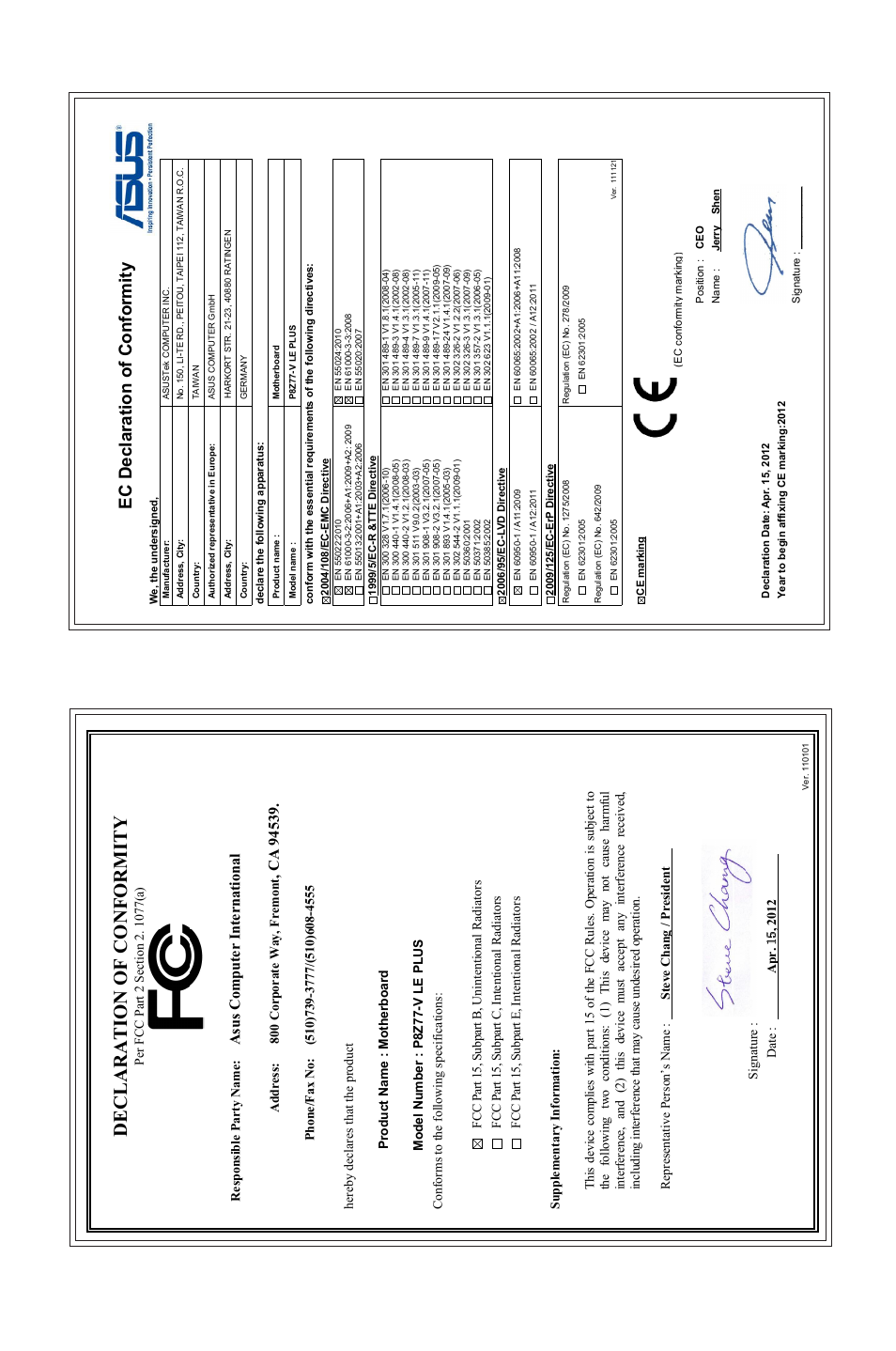 Declaration of conformity, Ec declaration of conformity, Asu s c om pu te r in te rn at io na l | Asus P8Z77-V LE PLUS User Manual | Page 174 / 174