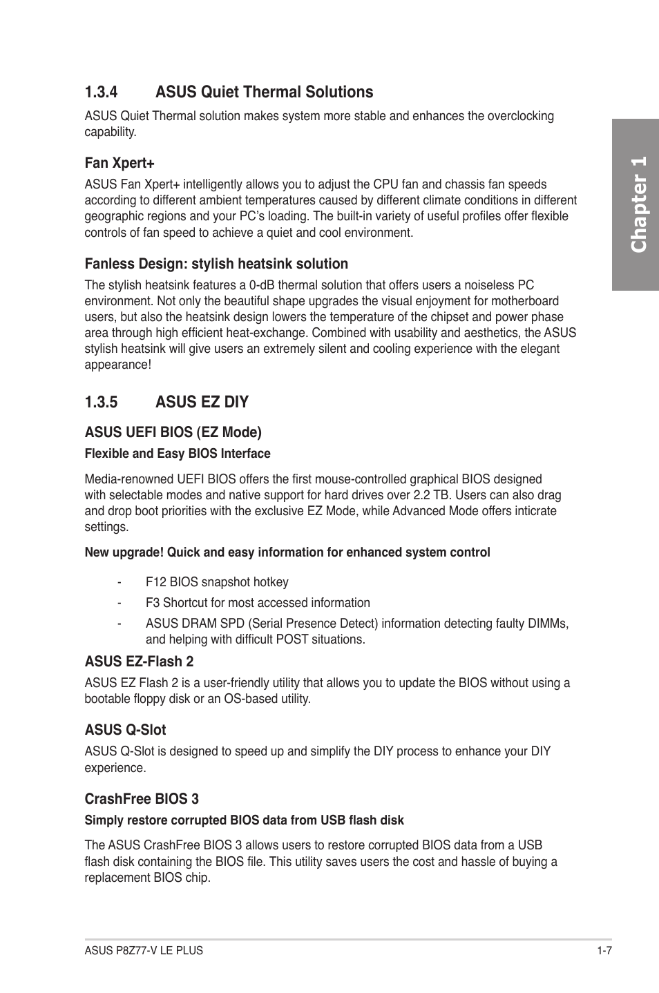 4 asus quiet thermal solutions, 5 asus ez diy, Asus quiet thermal solutions -7 | Asus ez diy -7, Chapter 1 | Asus P8Z77-V LE PLUS User Manual | Page 19 / 174