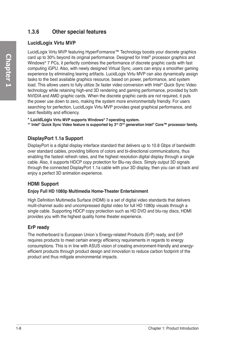 6 other special features, Other special features -8, Chapter 1 | Lucidlogix virtu mvp, Displayport 1.1a support, Hdmi support, Erp ready | Asus P8Z77-V LE PLUS User Manual | Page 20 / 174