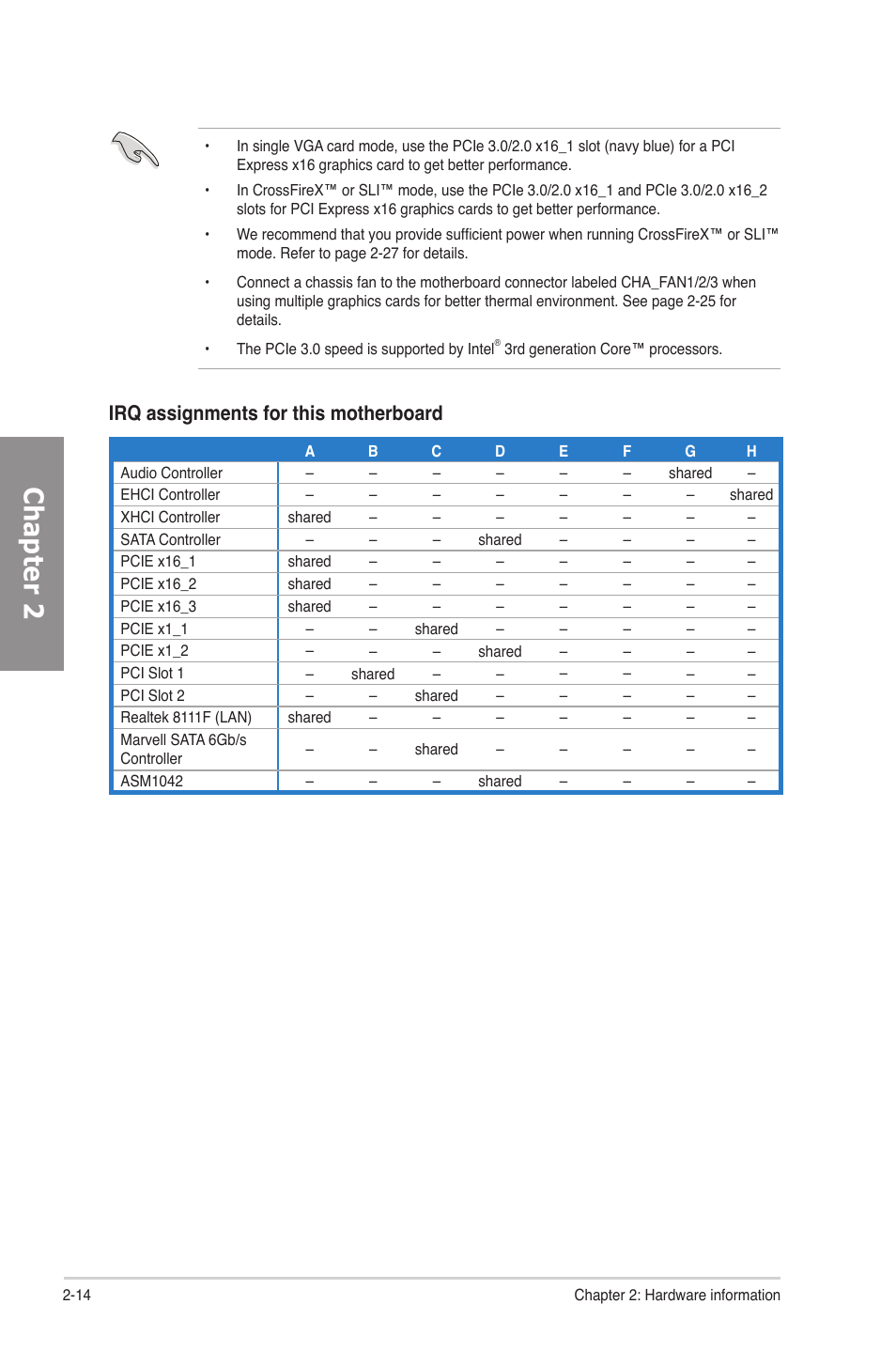 Chapter 2, Irq assignments for this motherboard | Asus P8Z77-V LE PLUS User Manual | Page 34 / 174