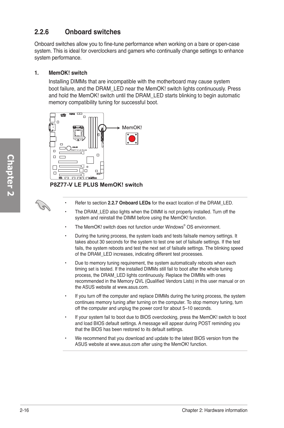 6 onboard switches, Onboard switches -16, Chapter 2 | Asus P8Z77-V LE PLUS User Manual | Page 36 / 174