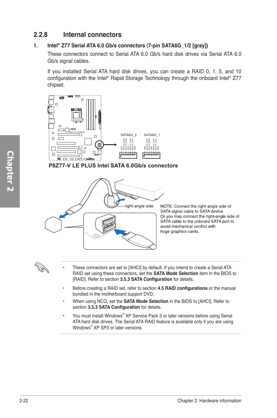 8 internal connectors, Internal connectors -22, Chapter 2 | Intel, Rapid storage technology through the onboard intel, Z77 chipset | Asus P8Z77-V LE PLUS User Manual | Page 42 / 174