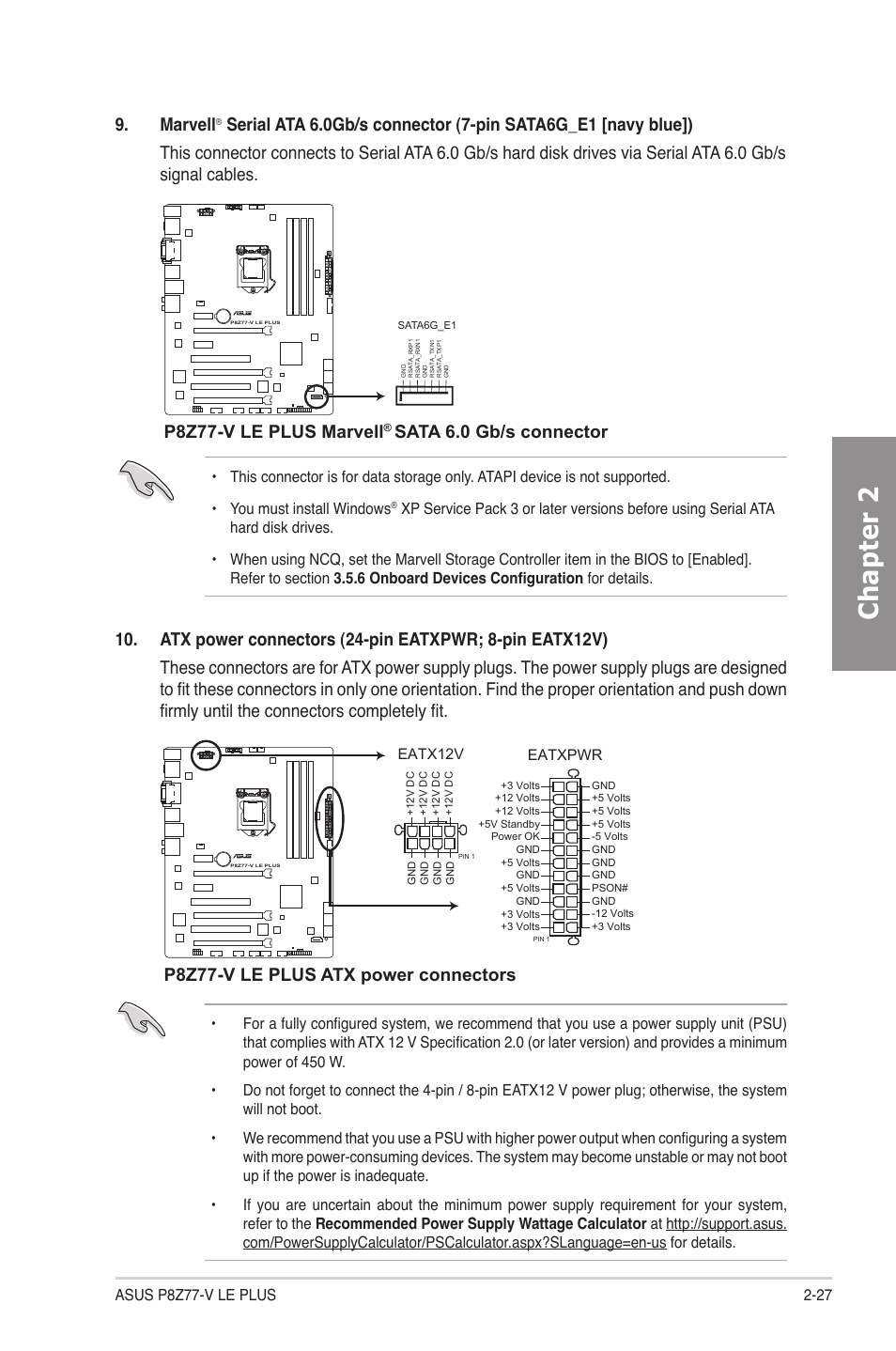 Chapter 2, Marvell, P8z77-v le plus marvell | Sata 6.0 gb/s connector, P8z77-v le plus atx power connectors | Asus P8Z77-V LE PLUS User Manual | Page 47 / 174