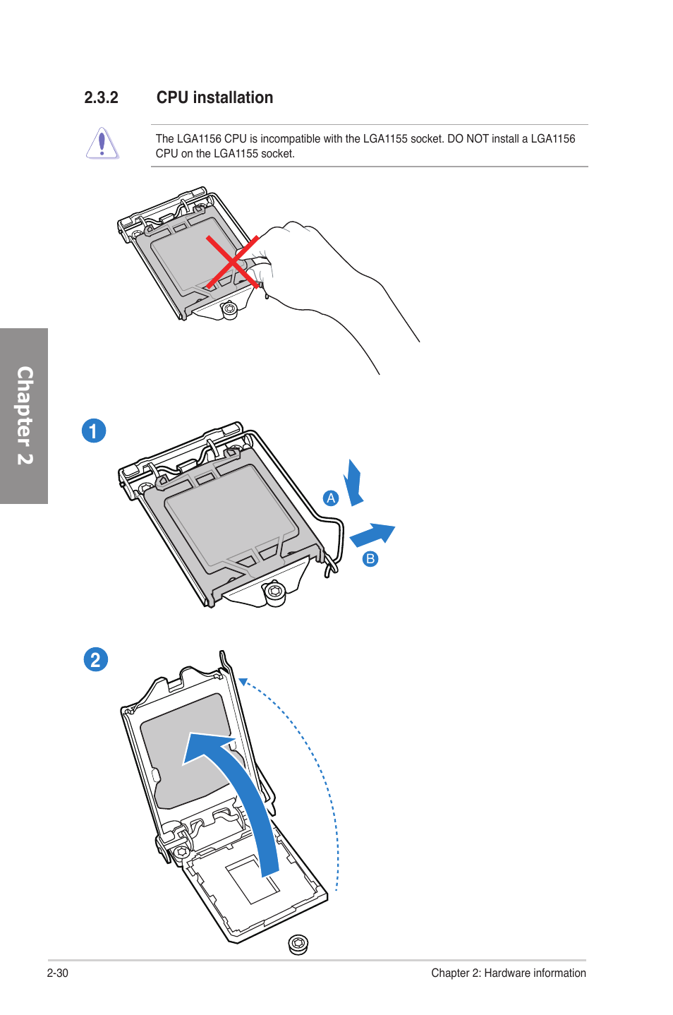 2 cpu installation, Cpu installation -30, Chapter 2 | Asus P8Z77-V LE PLUS User Manual | Page 50 / 174