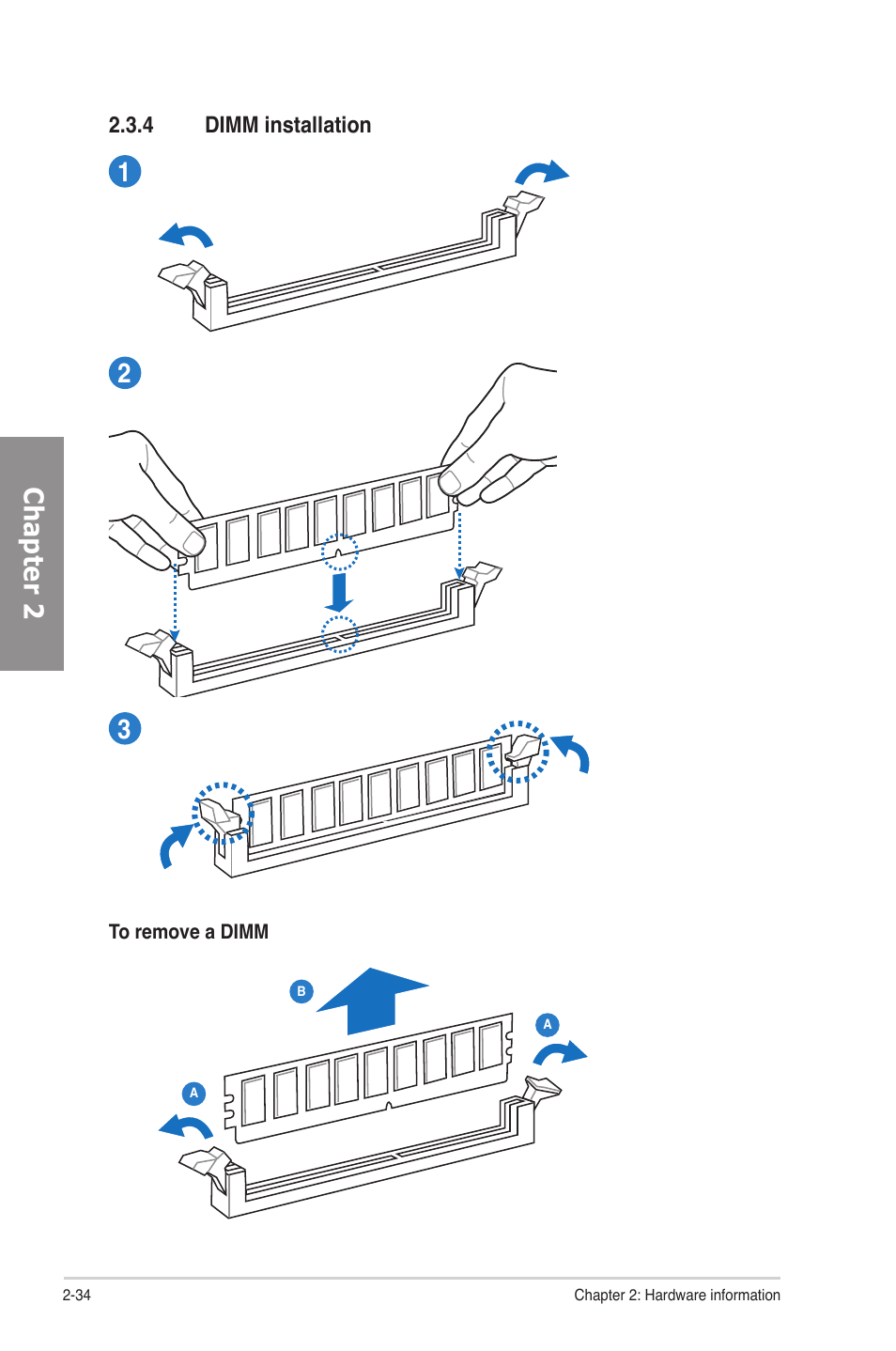 4 dimm installation, Dimm installation -34, Chapter 2 1 2 3 | Asus P8Z77-V LE PLUS User Manual | Page 54 / 174