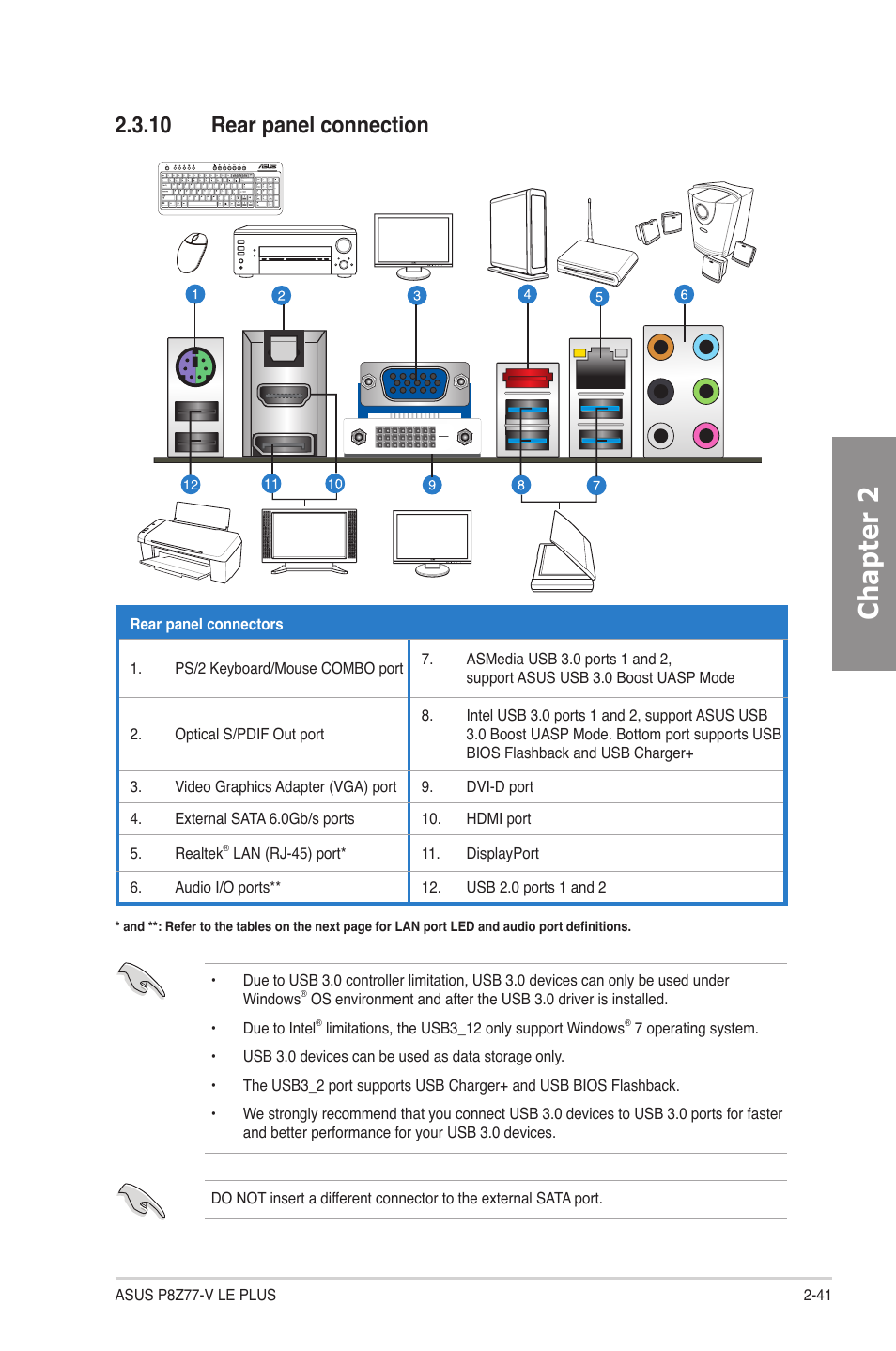 10 rear panel connection, 10 rear panel connection -41, Chapter 2 | Asus P8Z77-V LE PLUS User Manual | Page 61 / 174