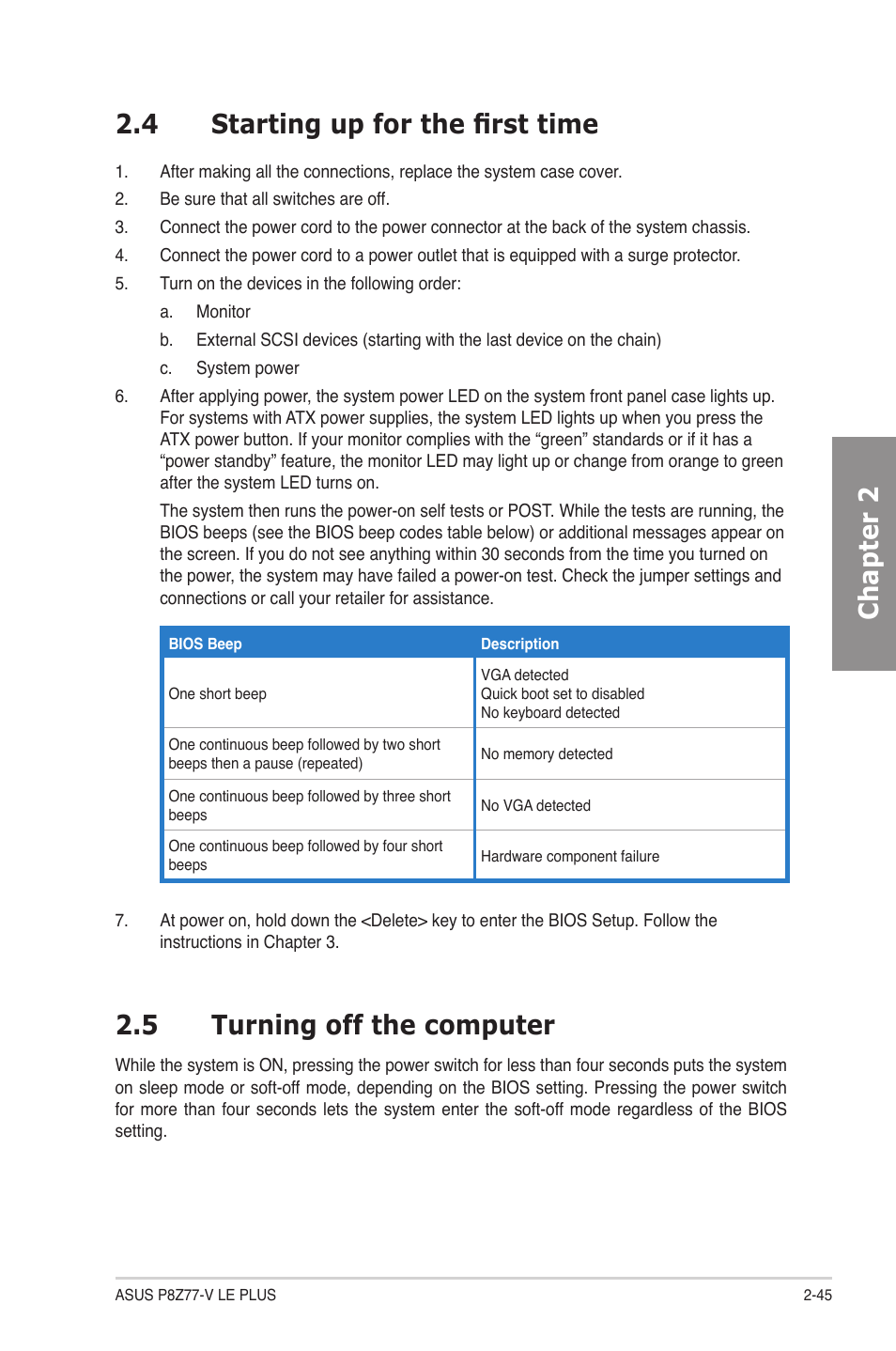 4 starting up for the first time, 5 turning off the computer, Chapter 2 2.4 starting up for the first time | Asus P8Z77-V LE PLUS User Manual | Page 65 / 174