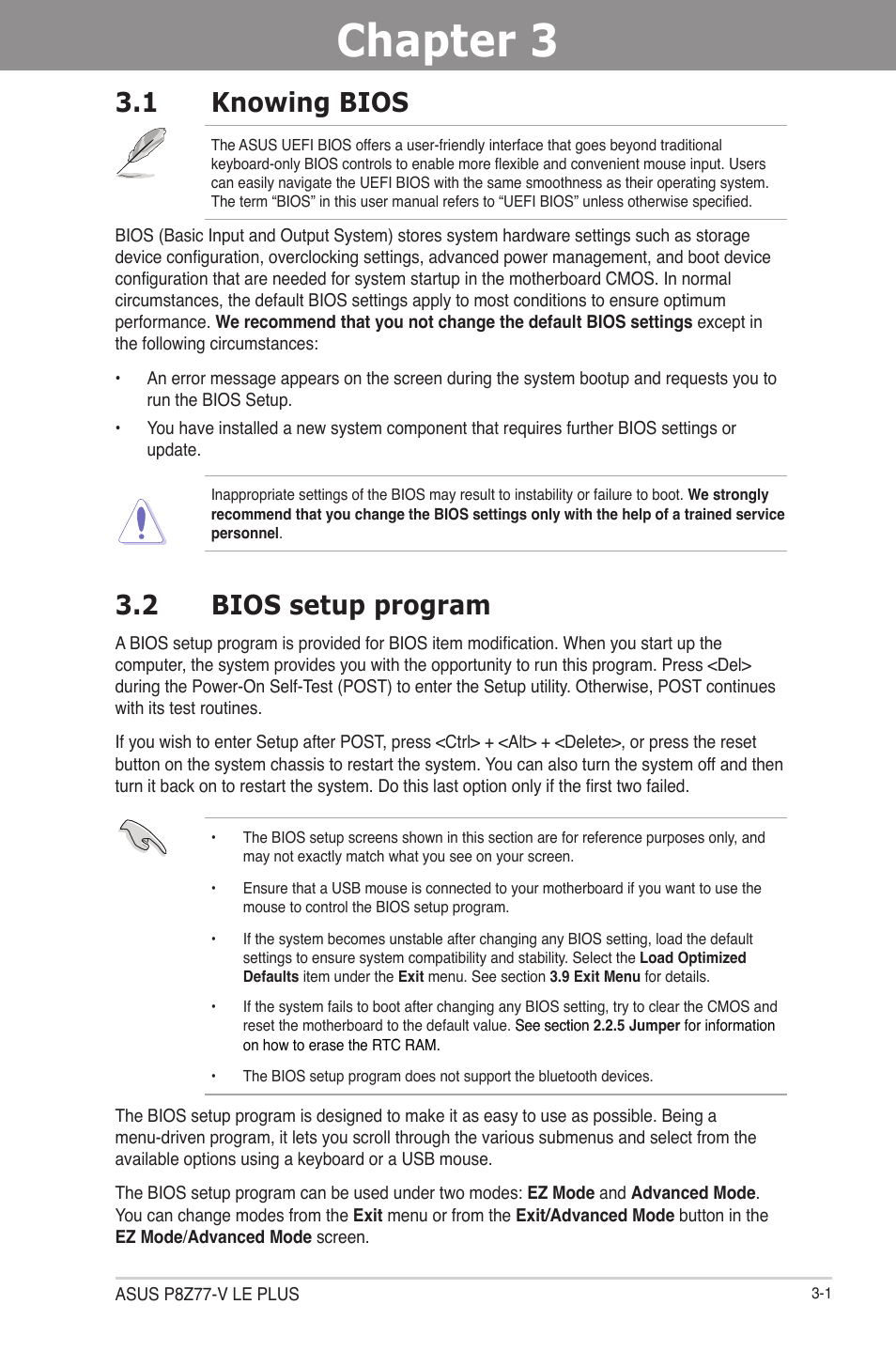 Chapter 3: bios setup, 1 knowing bios, 2 bios setup program | Chapter 3, Bios setup, 1 knowing bios -1 3.2 bios setup program -1 | Asus P8Z77-V LE PLUS User Manual | Page 67 / 174