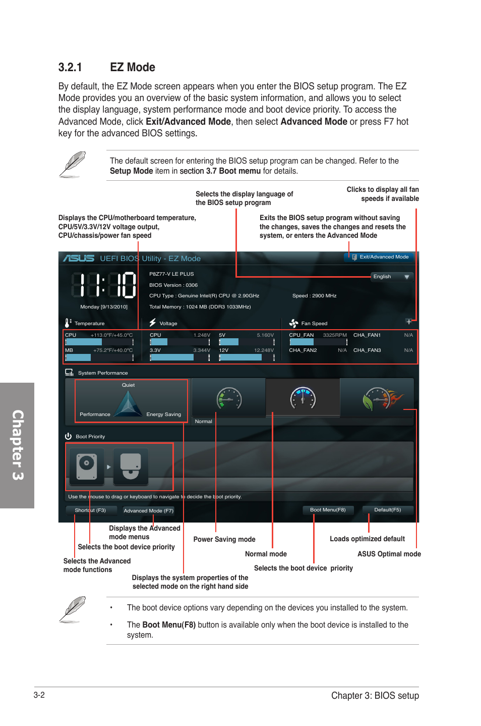 1 ez mode, Ez mode -2, Chapter 3 | Chapter 3: bios setup | Asus P8Z77-V LE PLUS User Manual | Page 68 / 174