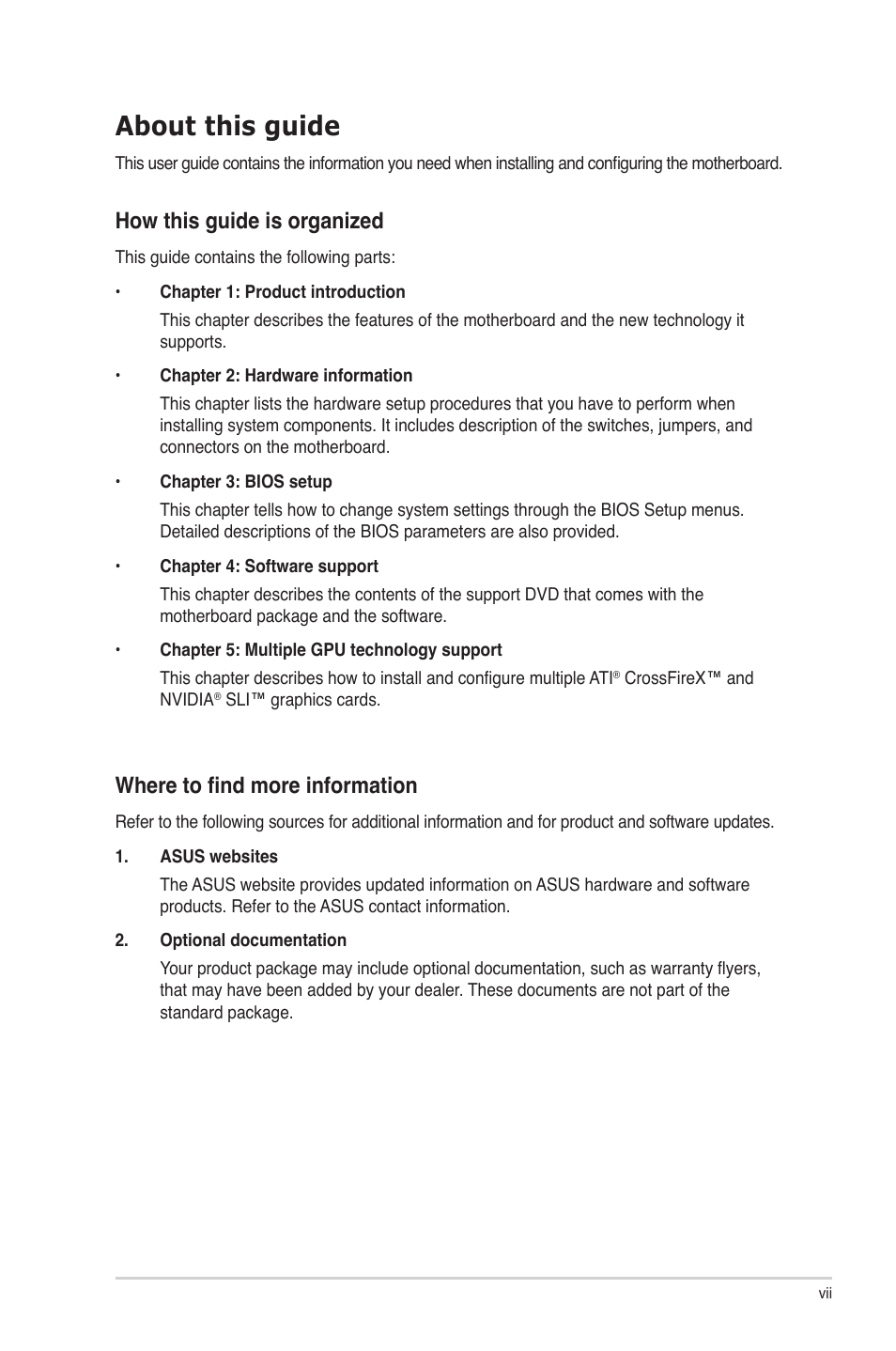 About this guide, How this guide is organized, Where to find more information | Asus P8Z77-V LE PLUS User Manual | Page 7 / 174