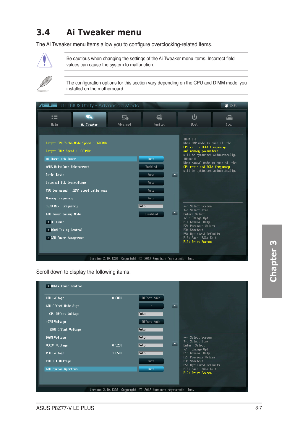 4 ai tweaker menu, 4 ai tweaker menu -7, Chapter 3 3.4 ai tweaker menu | Asus P8Z77-V LE PLUS User Manual | Page 73 / 174