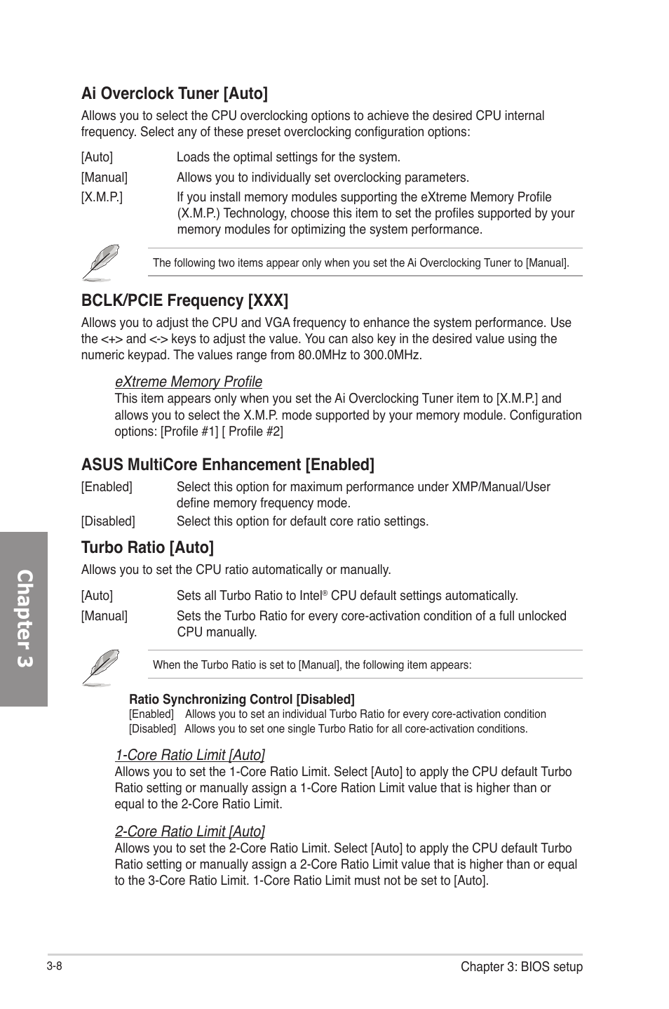 Chapter 3, Ai overclock tuner [auto, Bclk/pcie frequency [xxx | Asus multicore enhancement [enabled, Turbo ratio [auto | Asus P8Z77-V LE PLUS User Manual | Page 74 / 174