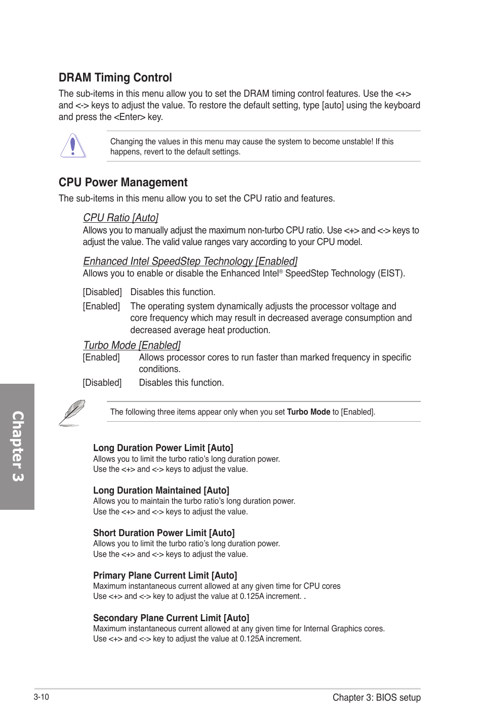 Chapter 3, Dram timing control, Cpu power management | Asus P8Z77-V LE PLUS User Manual | Page 76 / 174